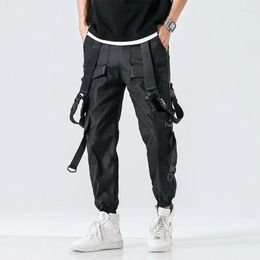 Men's Pants Black Hip Hop Streetwear Casual Men Ribbons Harem Jogging Male Slim Fit Techwear Cargo Multi-Pockets Trousers