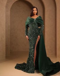 Dark Green Split Mermaid Prom Dresses Long Sleeve Beading Sequined Evening Formal Party Engagement Birthday Gowns