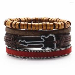 Charm Bracelets Vintage Guitar Peace Feather Wood Beads Black Red Brown Men Leather For Women Homme Male Jewelry