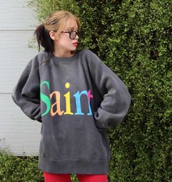 Designer Fashion Hoodie Saint Michael Washed Old Graffiti Painted Letters And Printed Casual Loose Round Neck Sweater For Lovers