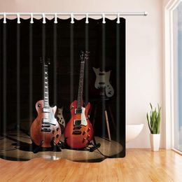 Shower Curtains Music Decor Electric Guitars on Lighted Wooden Floor Shower Curtains Polyester Fabric Waterproof Bath Curtain Shower Curtain 230322