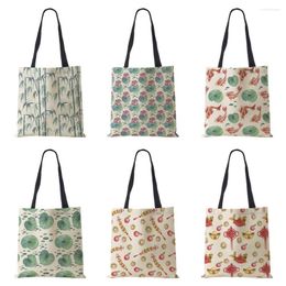 Evening Bags Lotus Leaf Bamboo Print Shopping Women Folding Reusable Tote Shoulder Bag Scenery Canvas Casual Groceries Handbags 2023