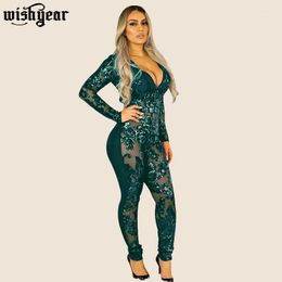 Women's Jumpsuits & Rompers Christmas Red Sequined Sheer Mesh Jumpsuit Women Sexy V Neck Long Sleeve Skinny Romper Night Club Party Overalls