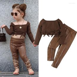 Clothing Sets FOCUSNORM Fashion Autumn Kids Girls 2pcs Clothes 2-7Y Off Shoulder Long Sleeve Solid Bow Front Crop Top PU Leather Pants