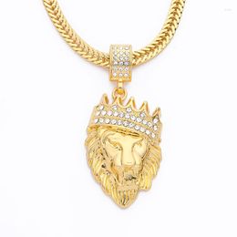 Pendant Necklaces Golden Color Bling Crown Lion King Necklace With Shiny Rhinestones Men Boy Hip Hop Rock