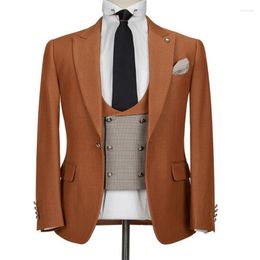 Men's Suits 3 Piece Cheque Men Slim Fit Brown Wedding Tuxedo For Groomsmen Custom Male Fashion Clothes Jacket Plaid Vest With Pants