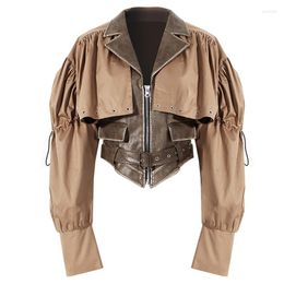 Women's Jackets Women Autumn Leather Jacket Spliced Detachable Two Piece High Waist Tunic Belted Casual Coats