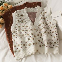 Women's Vests Chaleco Mujer Autumn V Neck Floral Sweater Vest Women Sleeveless Sweet Retro Korean Jacquard Plant Flower Cardigan Knit Coat 230322