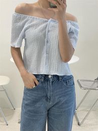Women's Blouses Slash Neck Sexy Blouse Women Chic Korean Short Off Shoulder Shirts Slim Thin Single-breasted Casual Pleated Tops Summer N753