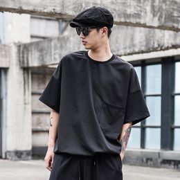 Men's T Shirts Original Design Tide Brand Top Dark Black Hair Stylist Hem Elastic Shirt Yamamoto Style Male Short-sleeved T-shirt