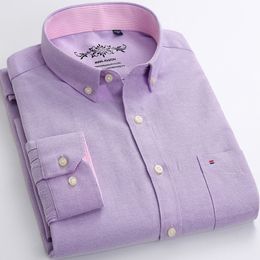 Men's Casual Shirts Quality Men's Casual Solid Oxford Dress Shirt Single Patch Pocket Long Sleeve Men Regular-fit Button Down Collar Shirts 230322