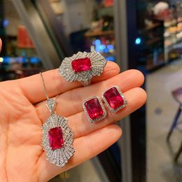 Vintage Ruby Diamond Jewellery set 925 Sterling Silver Engagement Wedding Rings Earrings Necklace For Women Promise Jewellery Gift