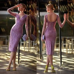 Charming Lace Mother Of The Bride Dresses Sheath Long Sleeves Wedding Guest Dress With Jacket V Neckline Knee Length Evening Gowns