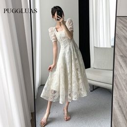 Party Dresses Summer French Style Lace Women Elegant Square Collar Party Midi Dress Female Fashion A Line White Ruffle Lady Clothes Vestidos 230322
