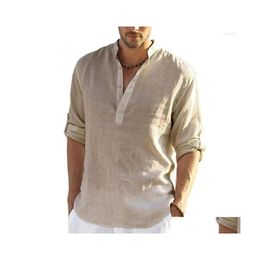 Men'S T-Shirts Mens T Shirts Casual Cotton Linen 2022 Summer Loose Long Sleeve Solid Tee Shirt Fashion Vneck Breathable Male Blouse Dhemq