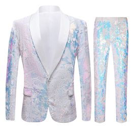 Men's Suits Blazers European Size Blazer Trousers Men's Suit Fashion White Velvet Sequin Italian Style Wedding Groom Dress 2 Piece Set 230322