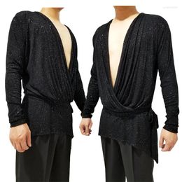 Stage Wear Men Latin Dance Shirts V-Neck Long-Sleeved Top Men'S Adults Loose Practice Clothes Salsa Rumba Tango Cha