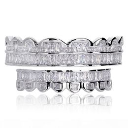 dental grills Exaggerated personality White Gold Cubic Zirconia Teeth Grills Hip Hop Vampire Bling Fang Grillz Iced Out Full Diamond Tooth Cap Mens & Wom