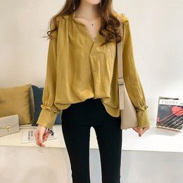 Women's Blouses Spring Autumn Solid V-neck Ruffles Loose Casual Shirts Top Women Oversized Simple Pullover Blouse Ladies Elegant Fashion