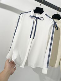 Women's Blouses Ribbon Women Shirt Small Collar Stripe Long Sleeve Draped Autumn Office Lady Semi Formal Bluose Clothes 2023 For Elegant