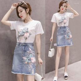 Work Dresses 2023 Women Spring Summer Elegant 2 Piece Set Lady O-neck Print Shirt Embroidery Denim Skirt Sets Female Casual Loose Suit D347