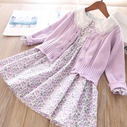 Clothing Sets Baby Girls Long sleeved Dress Spring Autumn Children's Floral Knitted Sweater Coat Two piece 3 5 8 10 12Y 230322