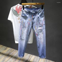 Men's Jeans Graffiti Ripped Men's Korean Fashion Hole Designer Pencil Pants Streetwear Hip Hop Denim Men Cowboy Trousers