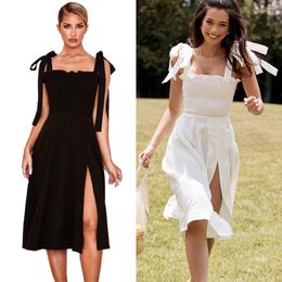 Casual Dresses 2023 Party Elegant Vintage High Slit Sexy Midi Dress Square Neck Sleeveless Tie Strap Summer Clothes For Women