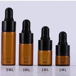 Refillable Mini Amber Glass Dropper Bottles 1ml 2ml 3ml 5ml with Pipette Gold Silver Black Lids For Travel Essense