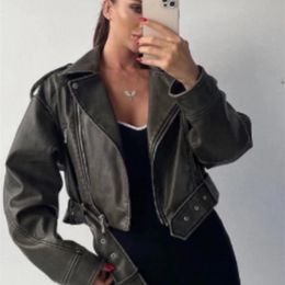 Women s Jackets RARF vintage wash to do old short lapel long sleeve loose pu imitation leather jacket coat 230321