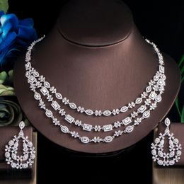 Wedding Jewellery Sets Threegraces Brilliant White Cubic Zirconia 3 Layers Big Nacklace Earrings Bridal Engagemen Set for Women TZ542