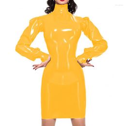 Casual Dresses PUNK Bodycon Dress For Women High Quality Long Puff Sleeves Vinyl Ladies PVC Neck Package Hips Fancy Halloween