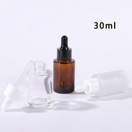 1OZ Clear Frosted Amber Glass Essense Bottles 30ml Flat Shoulder Cosmetic Packaging With Black White Lids