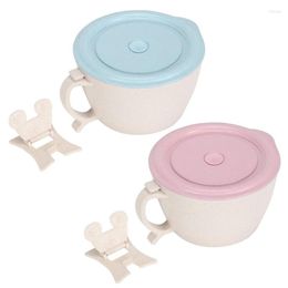 Bowls 2 Pcs Noodle Bowl With Lid Wheat Straw Soup Mug Phone Holder Microwave And Dishwasher Safe Blue & Pink