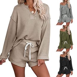 Women's Two Piece Pants Outfits for Women Drawstring Design Pocket Decor High Waist Solid Shorts VNeck Long Sleeve Casual Pullovers Tops 230322