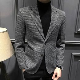 Men's Suits Blazers Men's Suit Jacket Grey Houndstooth Wool Tweed Retro Thickening Jacket Formal Business Jacket Groomman for Wedding Jacket 230322