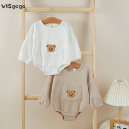 Rompers VISgogo Baby Spring Fall Romper Cute Bear Embroidery Long Sleeve Front Pocket Jumpsuit Baby Girl Boys Casual Clothes 230322