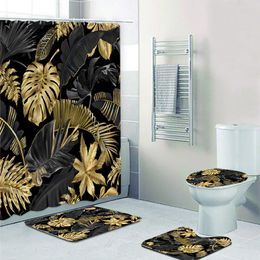 Shower Curtains Black and Gold Tropical Plant Palm Leaf Bathroom Shower Curtain Set for Bathtub Exotic Leaves Bath Mats Rugs Toilet Home Decor 230322