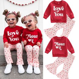 Clothing Sets Valentines Days Kids Girls 2pcs Clothes Letter Pullover SweatshirtHeart Printed Flare Pants Valentine for 230322