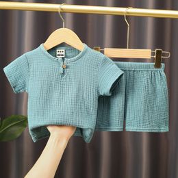 Clothing Sets 05Y Boys Girls Summer Solid Cotton Linen TshirtsElasctic Shorts Kids Clothes Casual for Children 230322