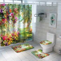 Shower Curtains Oil Painting Flowers Waterproof Polyester Shower Curtain Set Anti-slip Soft Bath Carpet Mat Lid Toilet Cover Bathroom Set Decor 230322