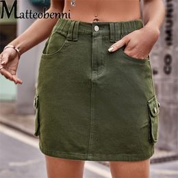 Skirts Fashion Half Straight Denim Short Skirt Women Summer Daily Casual Elastic Waist Button Splice Pocket Female Streetwear 230322