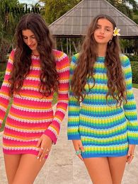 Party Dresses Hth Women Long Sleeve Striped Beach Vacation Bodycon Mini Dress Streetwear 2022 Summer Clothes Wholesale Items For Business Y2303