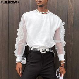 Men s T Shirts T Shirt Mesh Patchwork O neck Streetwear Long Sleeve Ruffles Casual Camisetas 2023 Loose Sexy Clothing S 5XL INCERUN 7 230321