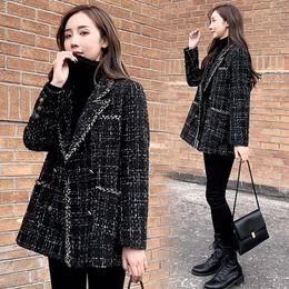 Women's Suits Black Plaid Blazer Women Autumn Winter Thicken Tweed Turn-down Collar Vintage Jacket Double Breasted Fashion Suit Coats