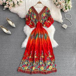 Casual Dresses Bohemian Style Print Beach Dress For Women Fashion V-neck Batwing Sleeve A-line Long Summer Female Big Swing Vestidos