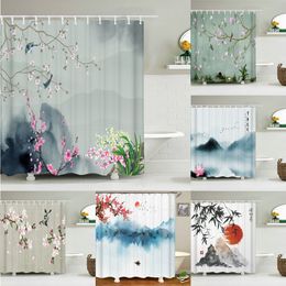 Shower Curtains Chinese Landscape Bathroom Curtain 3D Japanese style Flower Birds Printing Shower Curtains Waterproof Polyester Home Decoration 230322