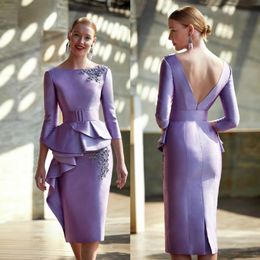 Lavender Backless Mother Of The Bride Dresses Sheath Appliqued Wedding Guest Dress Long Sleeves Bateau Neckline Knee Length Satin Peplum Evening Gowns