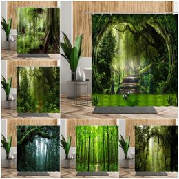 Shower Curtains 3D Tropical Forest Natural Scenery Waterproof Shower Curtain Green Trees Moss Deep Forest Bathroom Partition Screen Bath Curtain 230322