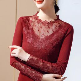 Women's T Shirts #9352 Black Red Blue Mesh Shirt Women Embroidery Flower Hollow Out Diamonds Sexy Office Tight Female Long Sleeve 4XL